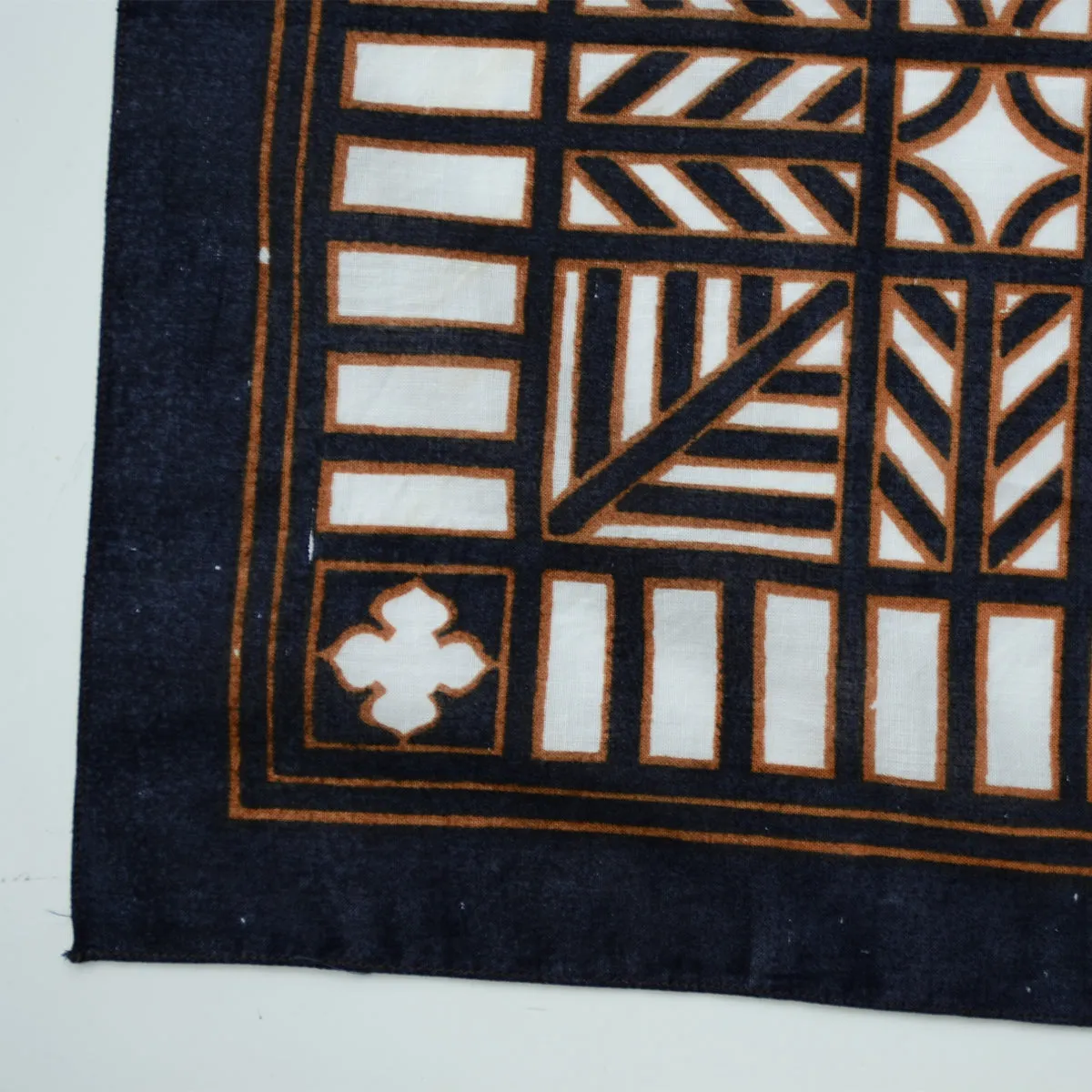 1970s Black & Brown Square Cotton Scarf w/ Geometric Patterns