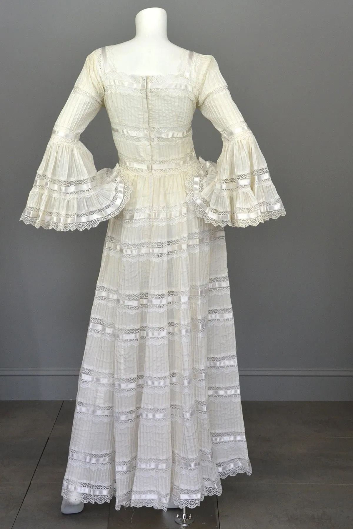 Vintage 1970s Mexican Lace Wedding Dress with Bell Sleeves