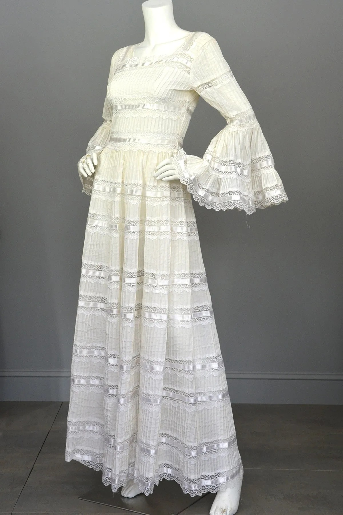 Vintage 1970s Mexican Lace Wedding Dress with Bell Sleeves