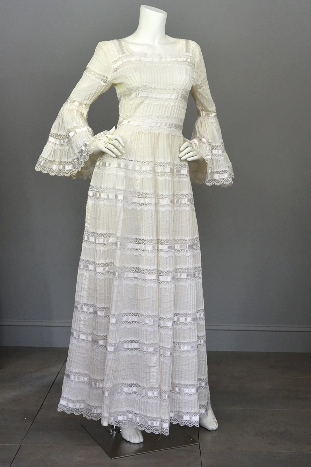 Vintage 1970s Mexican Lace Wedding Dress with Bell Sleeves