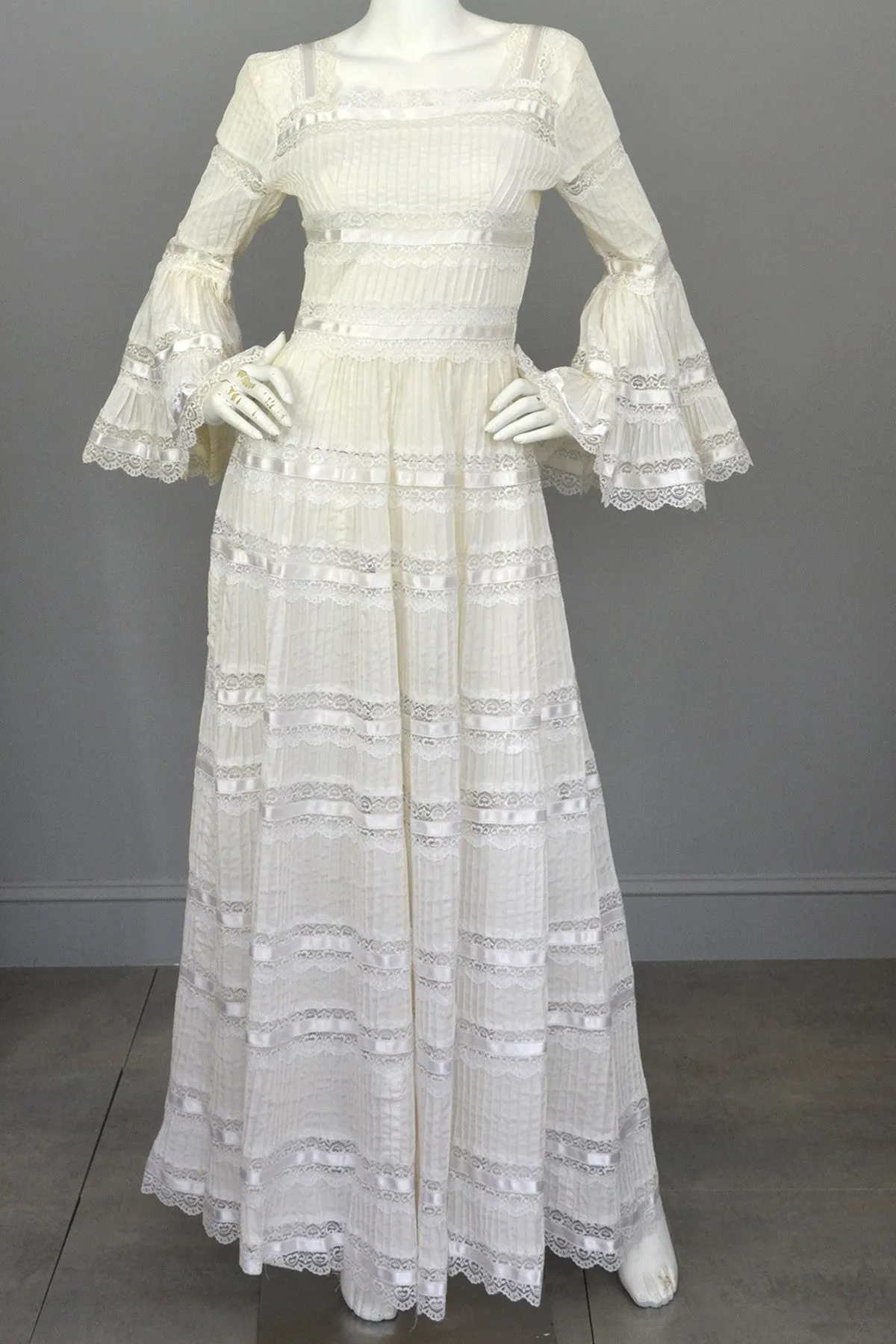 Vintage 1970s Mexican Lace Wedding Dress with Bell Sleeves