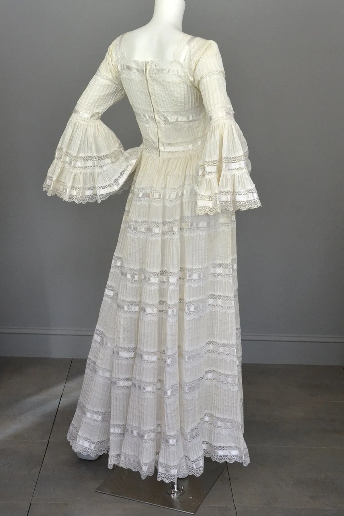 Vintage 1970s Mexican Lace Wedding Dress with Bell Sleeves