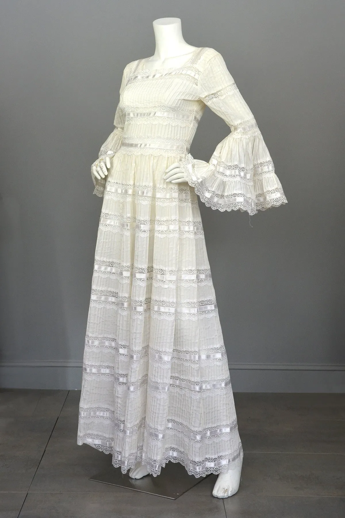 Vintage 1970s Mexican Lace Wedding Dress with Bell Sleeves