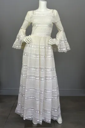 Vintage 1970s Mexican Lace Wedding Dress with Bell Sleeves