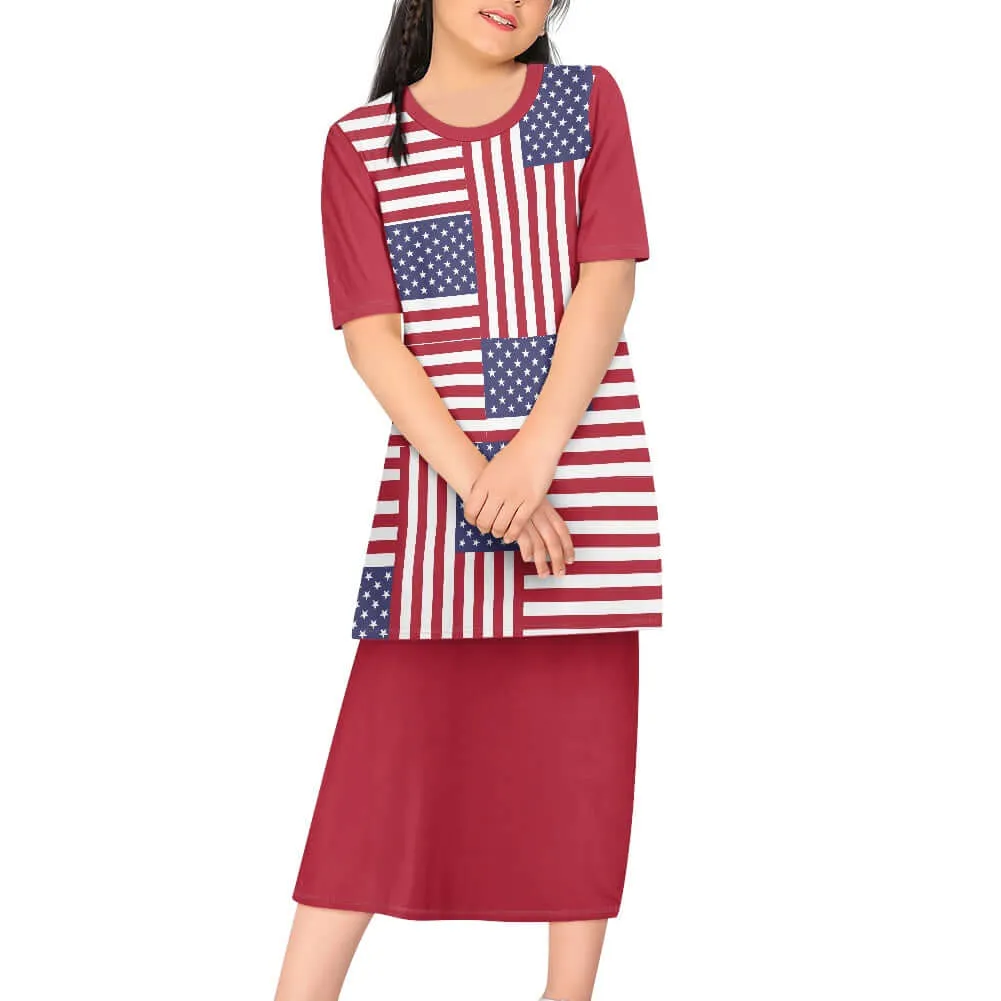 4th of July T-shirt Outfit Set for Girls - Red