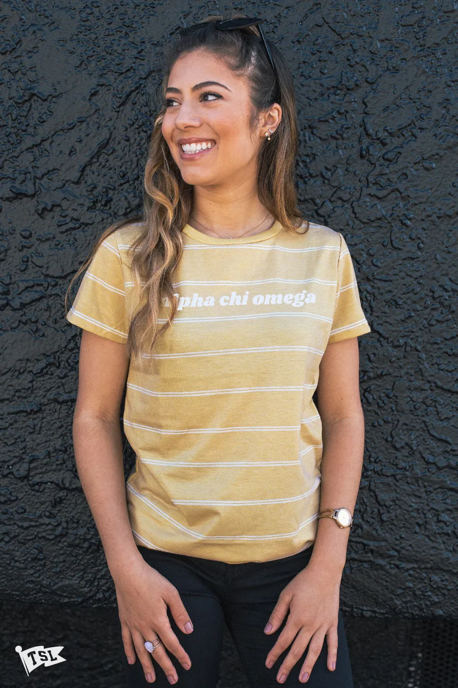 Alpha Chi Omega Striped Mustard Boyfriend Tee