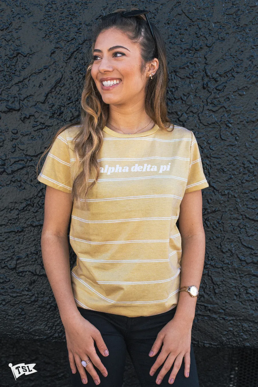 Alpha Delta Pi Striped Mustard Boyfriend Tee