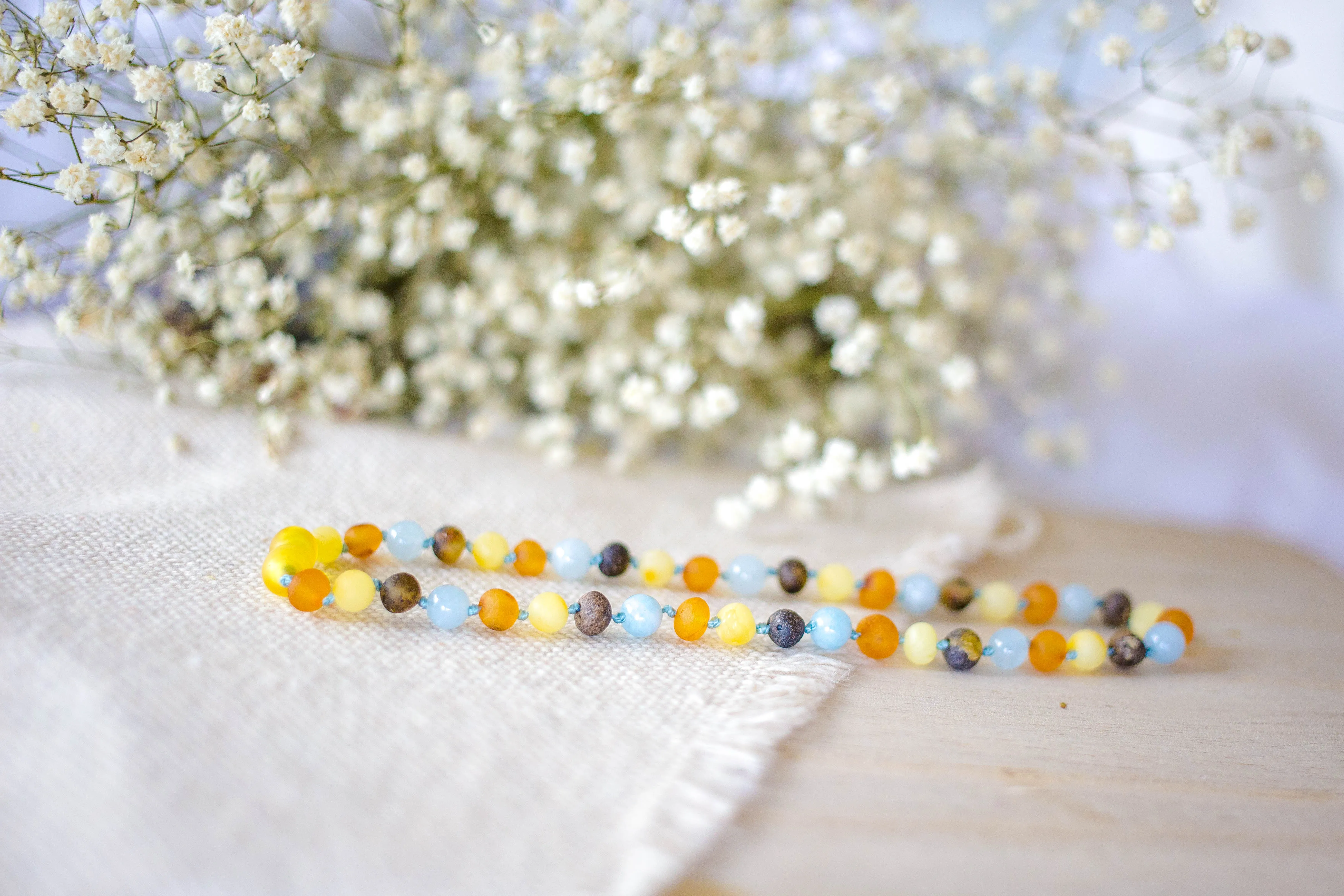 Aquamarine   Raw Green, Honey, and Lemon Baltic Amber Necklace