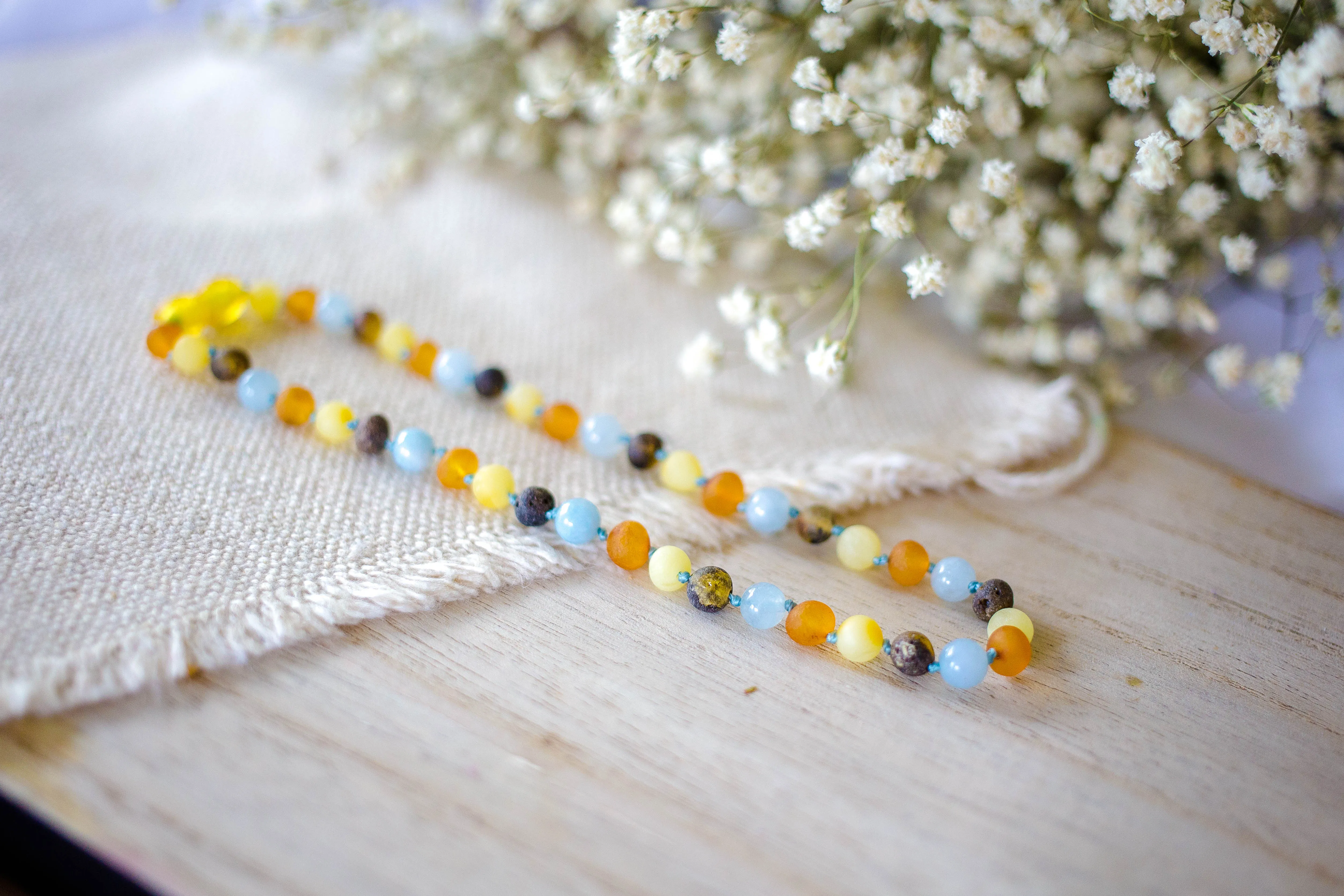 Aquamarine   Raw Green, Honey, and Lemon Baltic Amber Necklace