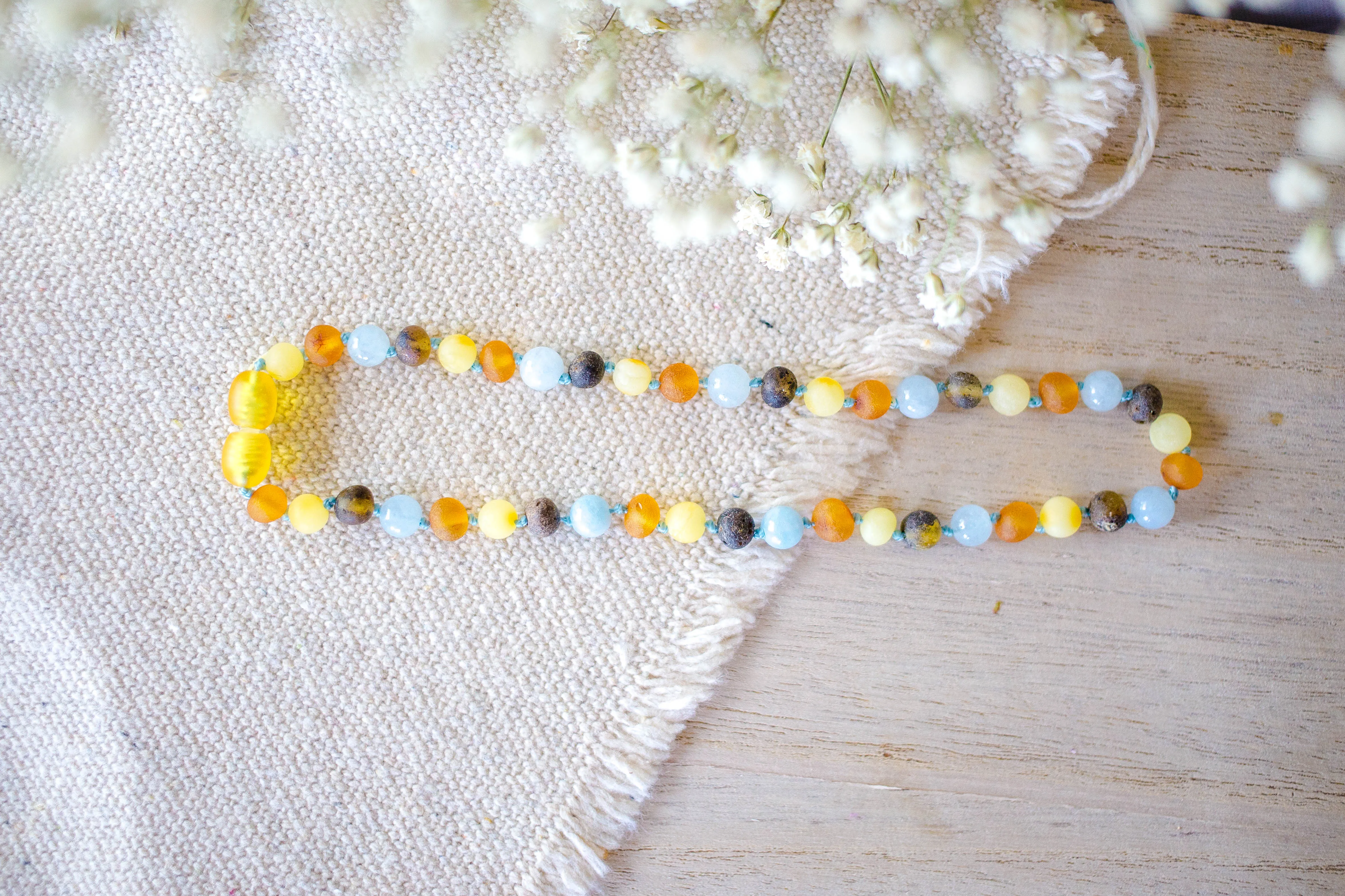 Aquamarine   Raw Green, Honey, and Lemon Baltic Amber Necklace