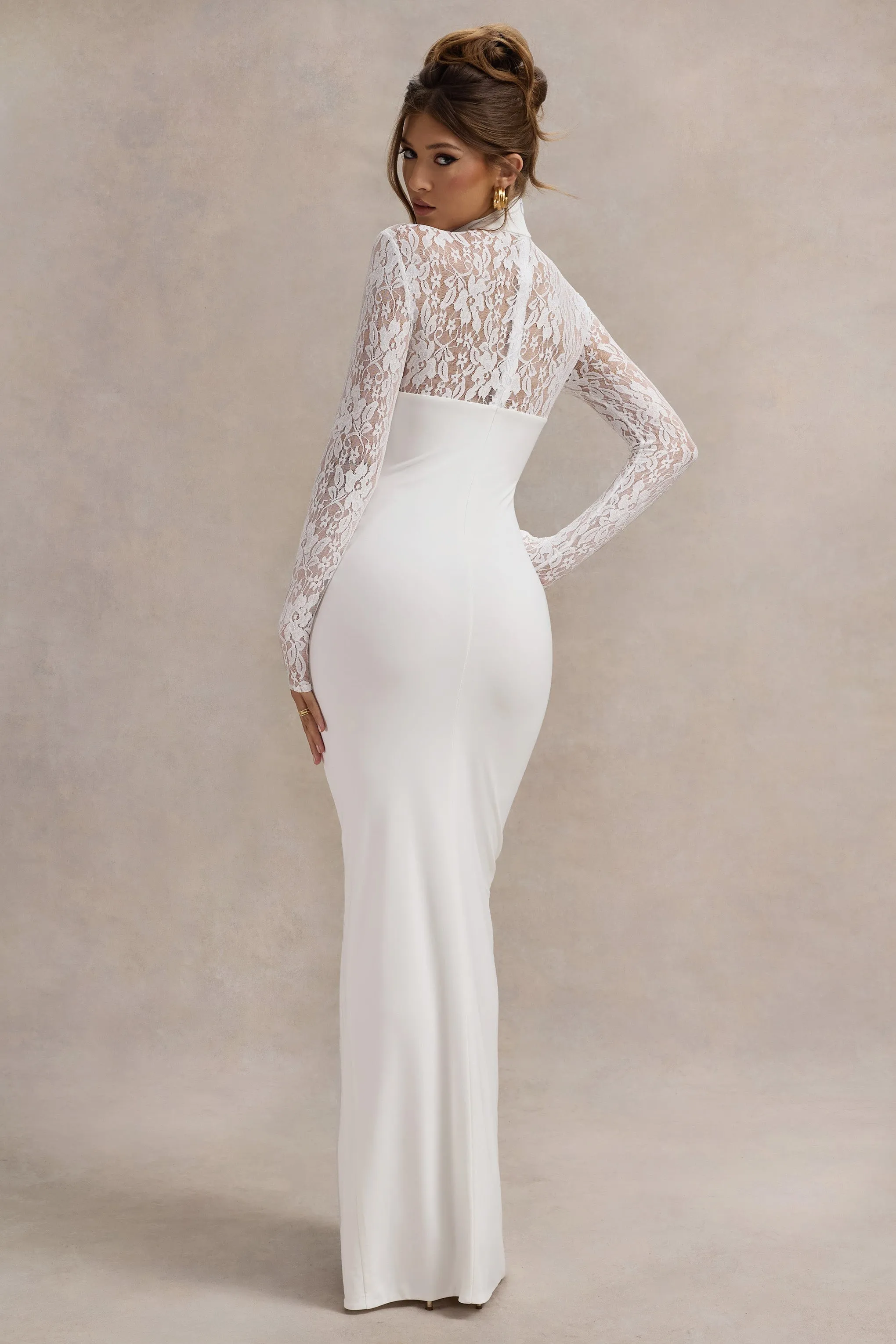 Arden | White High-Neck Split Maxi Dress With Lace Sleeves