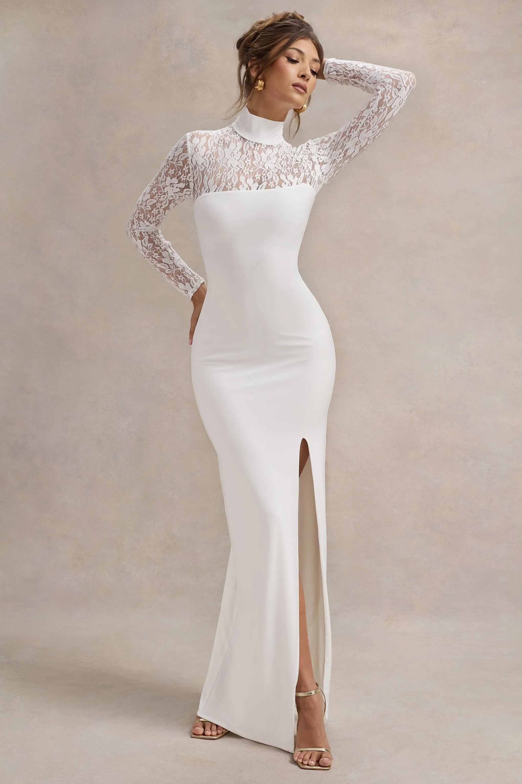 Arden | White High-Neck Split Maxi Dress With Lace Sleeves