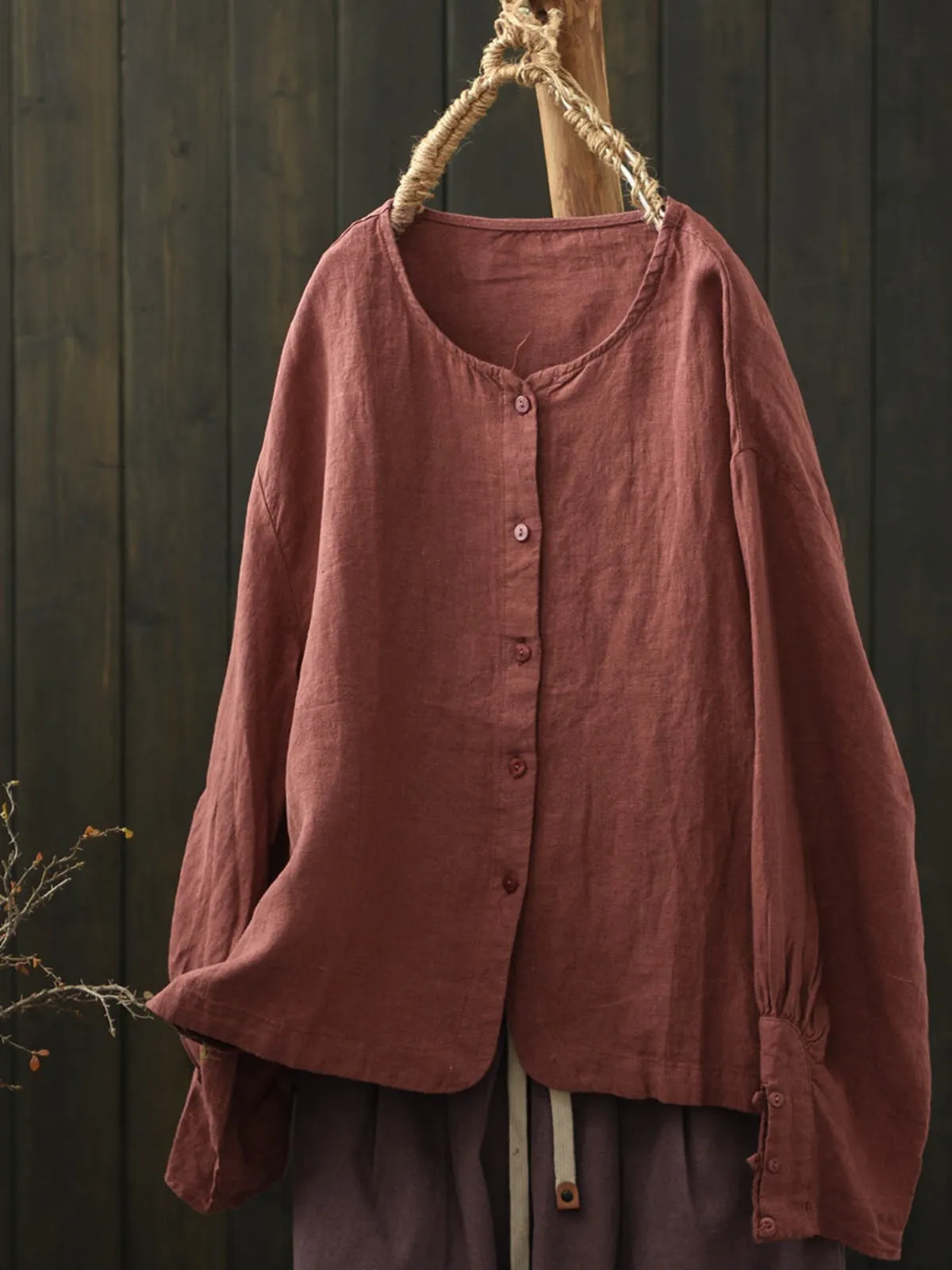 Babakud Women Autumn Literary Round Neck Linen Solid Color Shirt