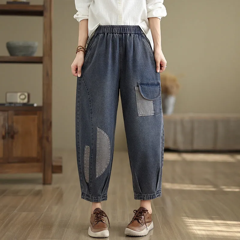 Babakud Women Autumn Retro Patchwork Casual Cotton Denim Pants