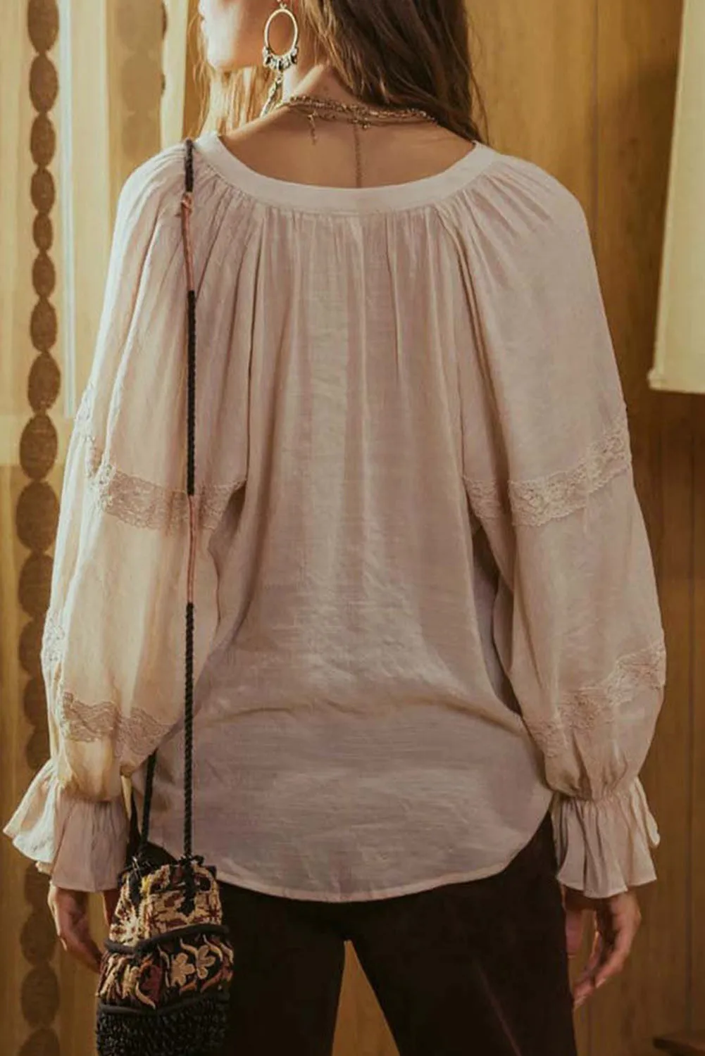 BerryBetty - Beige Lace Patchwork Ruffled Drawstring V Neck Blouse