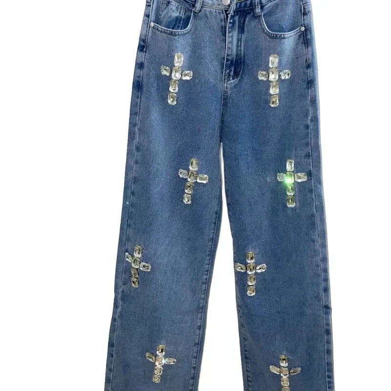 Blue Crystal Rhinestone Denim Pants