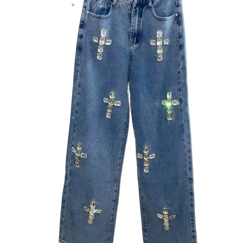 Blue Crystal Rhinestone Denim Pants