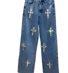 Blue Crystal Rhinestone Denim Pants