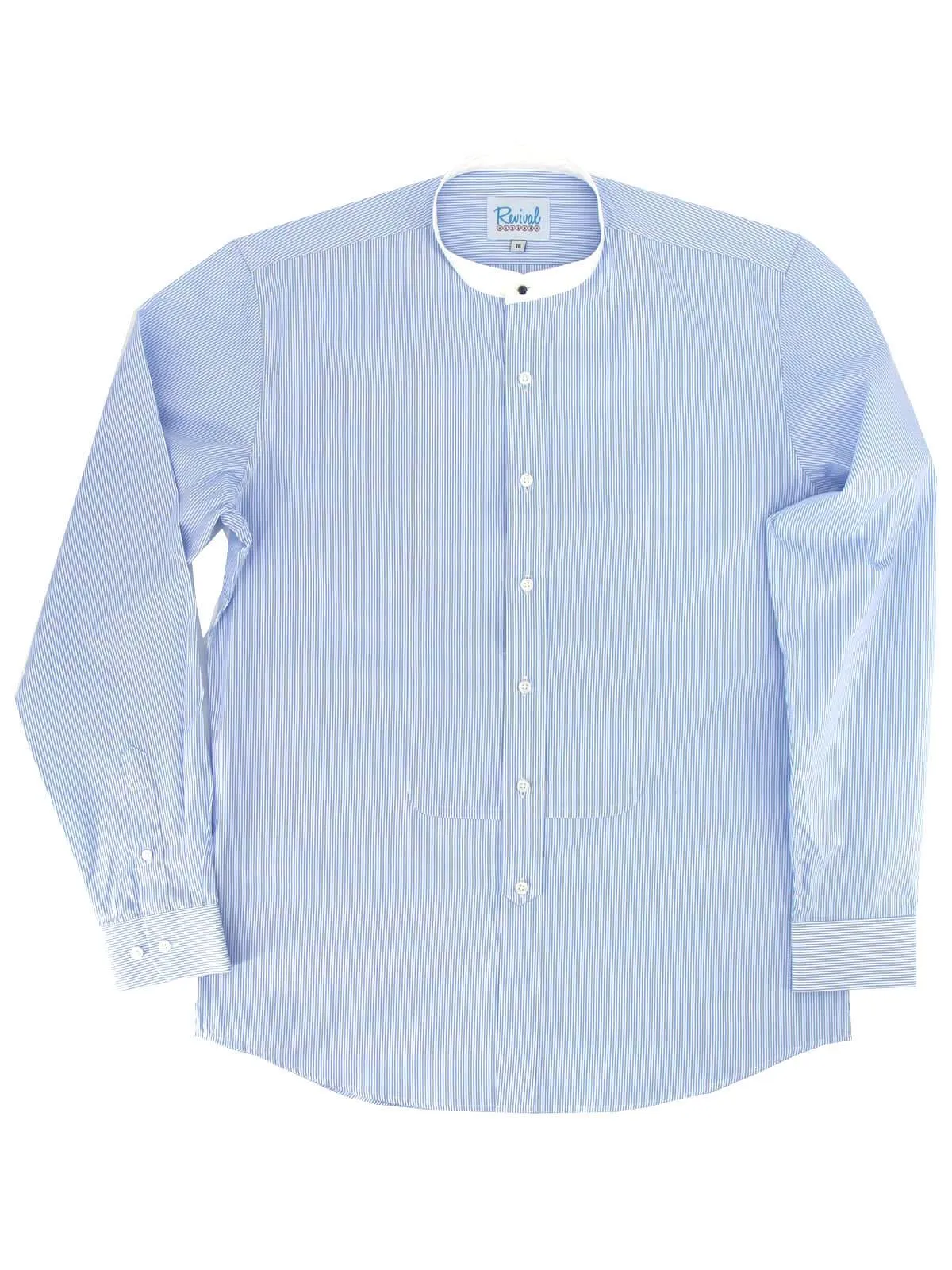 Blue Stripe Collarless Grandad Shirt with Detachable Bankers Collar