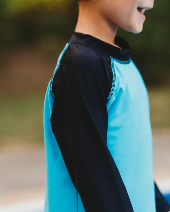 Boys UPF 50  Color Block Solid Long Sleeve Rashguard | Bright Light Blue with Royal