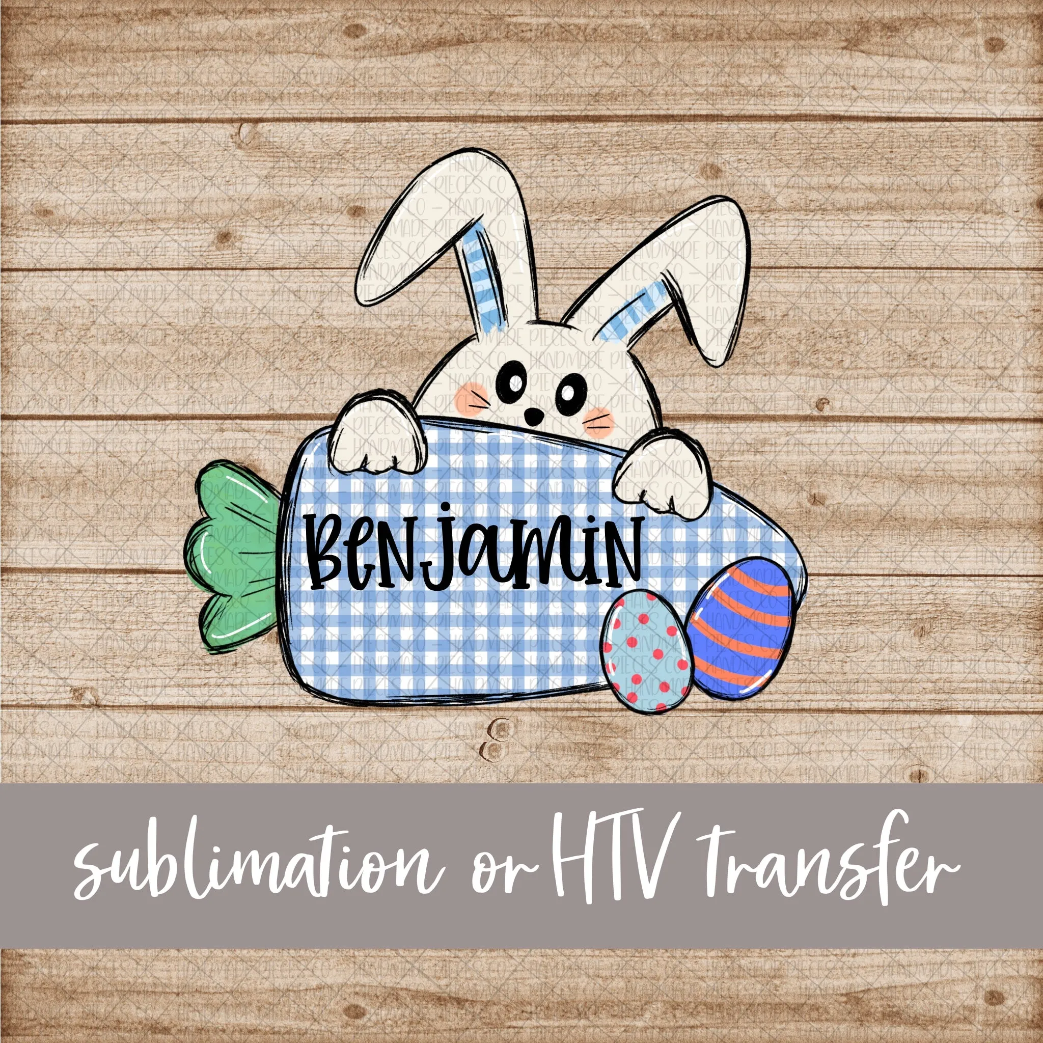 Bunny with Carrot, Blue - Name Optional - Sublimation or HTV Transfer