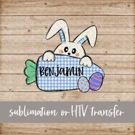 Bunny with Carrot, Blue - Name Optional - Sublimation or HTV Transfer