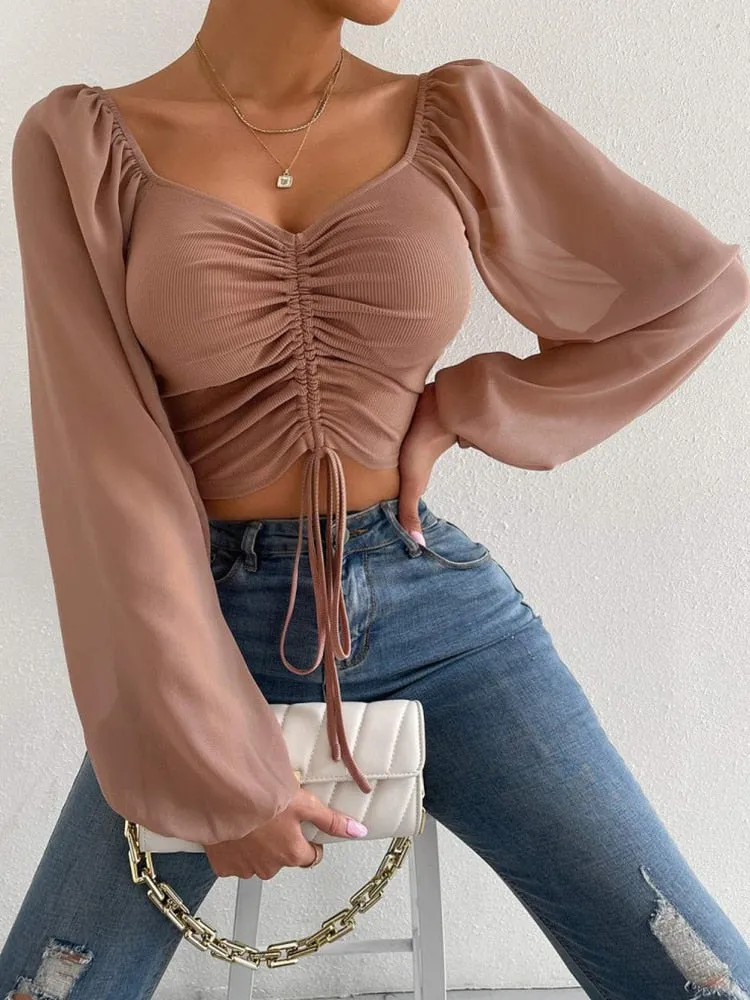 Casual Lantern Sleeves Slim Blouse Women Sexy V-Neck Drawstring Lace-up Solid Tops Elegant Pit-striped Patchwork Chiffon Shirts