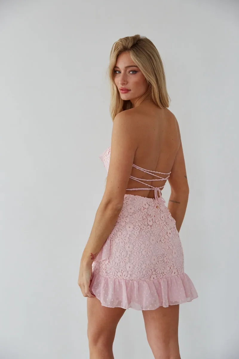 Cece Strapless Lace Ruffle Tie Back Mini Dress