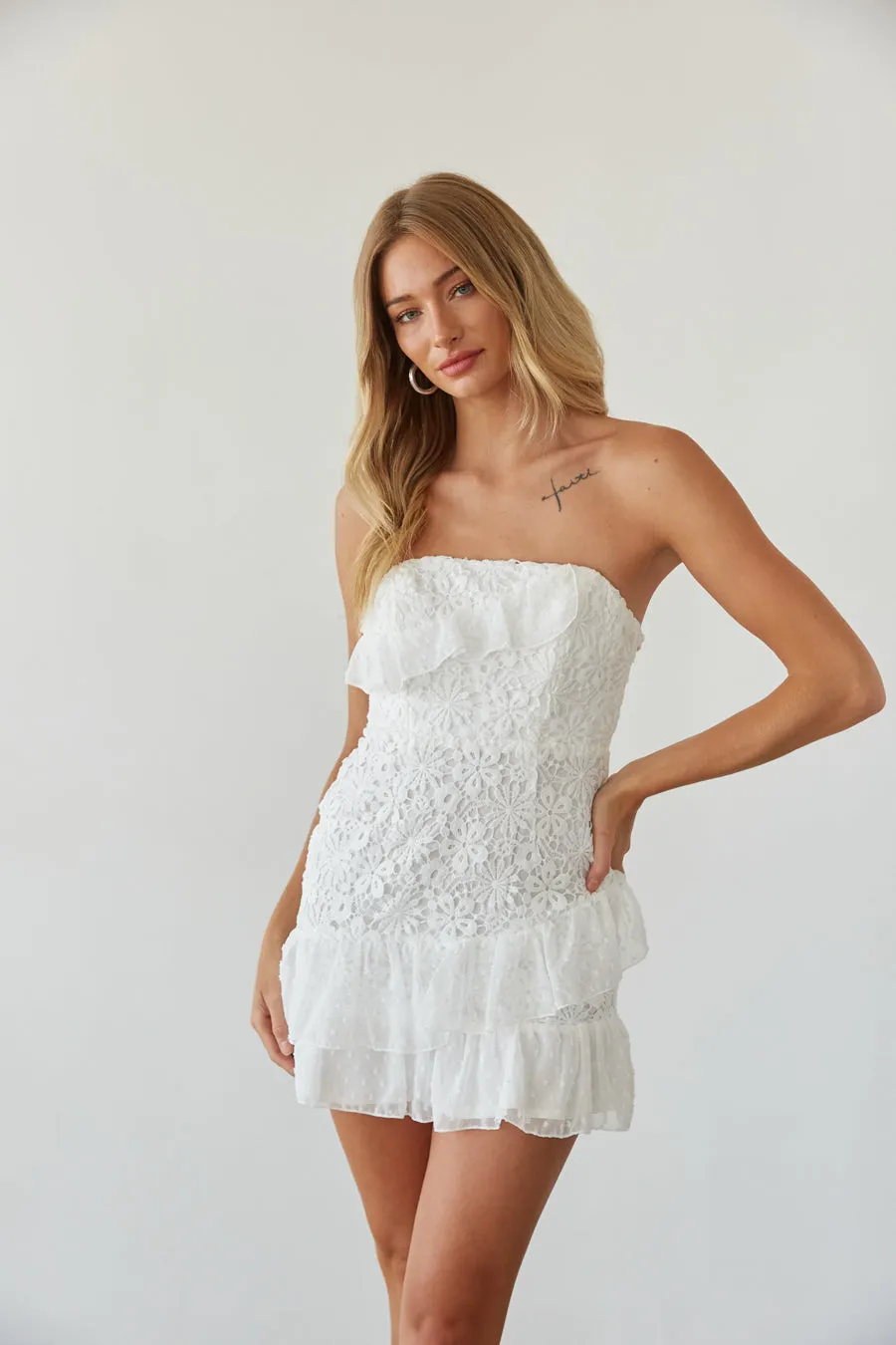 Cece Strapless Lace Ruffle Tie Back Mini Dress