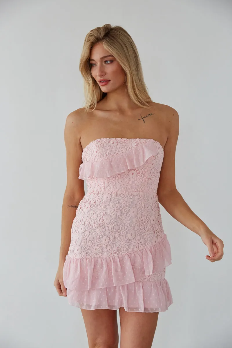 Cece Strapless Lace Ruffle Tie Back Mini Dress