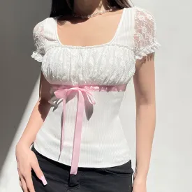 Chic Korean White Tee Shirts Lace Patchwork Slim Square Neck Bow Sweet Summer Women's T shirt Top Coquett Clothes Y2K