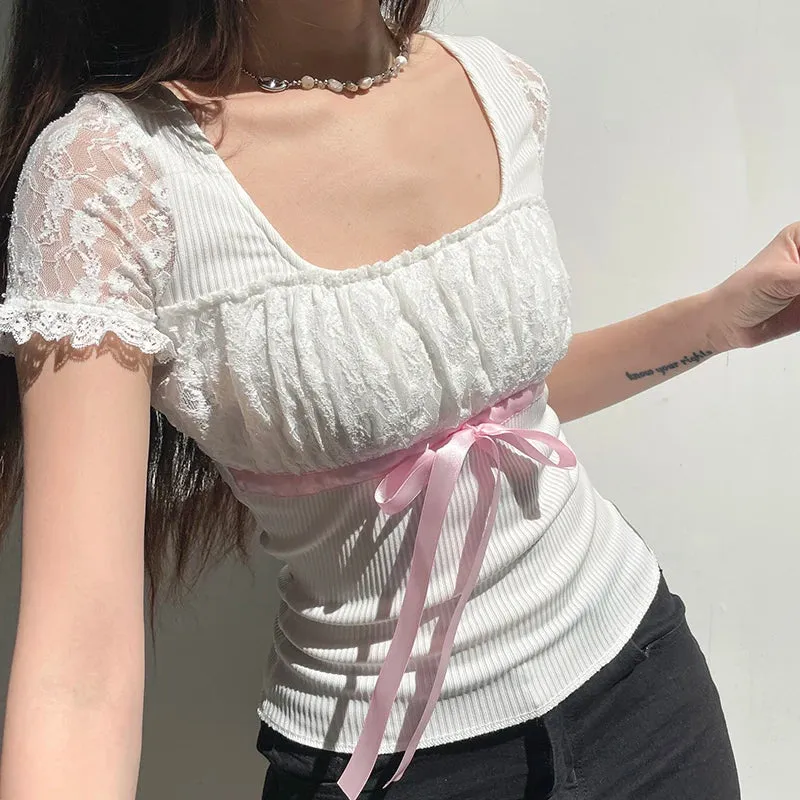 Chic Korean White Tee Shirts Lace Patchwork Slim Square Neck Bow Sweet Summer Women's T shirt Top Coquett Clothes Y2K