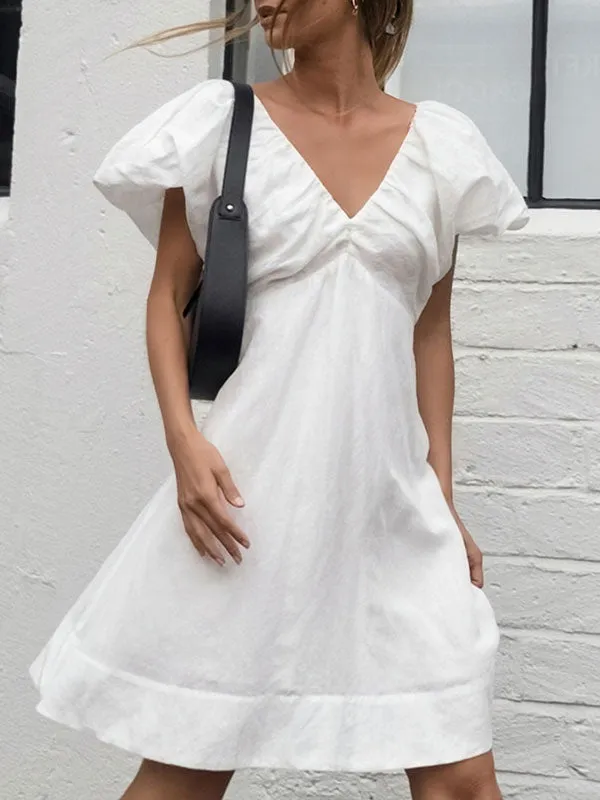 Cotton White V-Neck Puff Sleeve Mini Dress