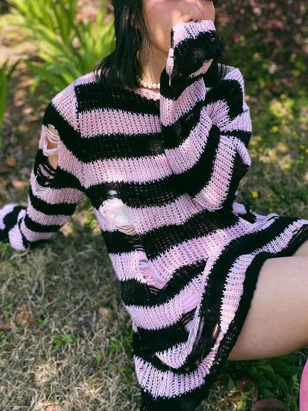 Distressed Stripe Longline Sweater