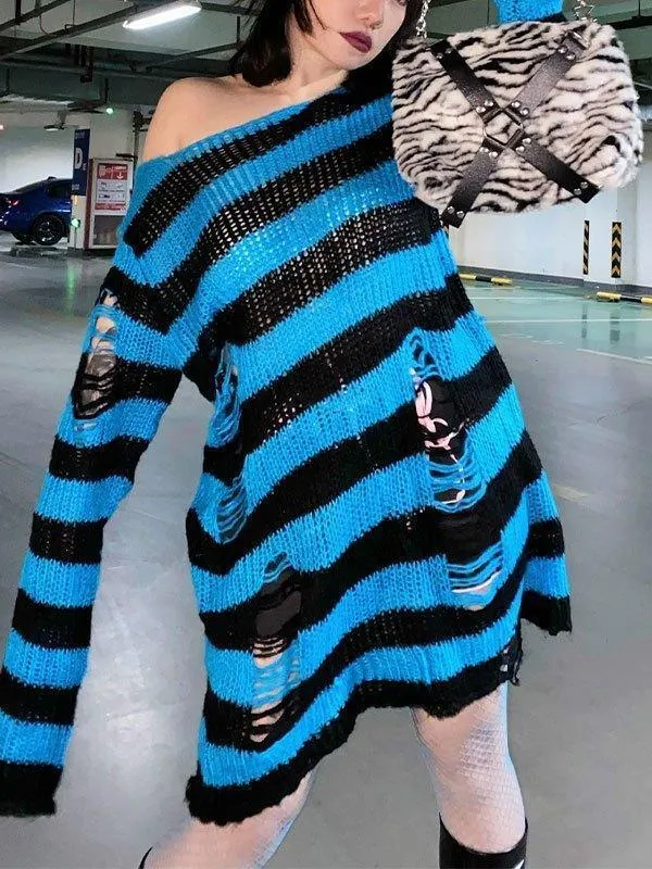 Distressed Stripe Longline Sweater