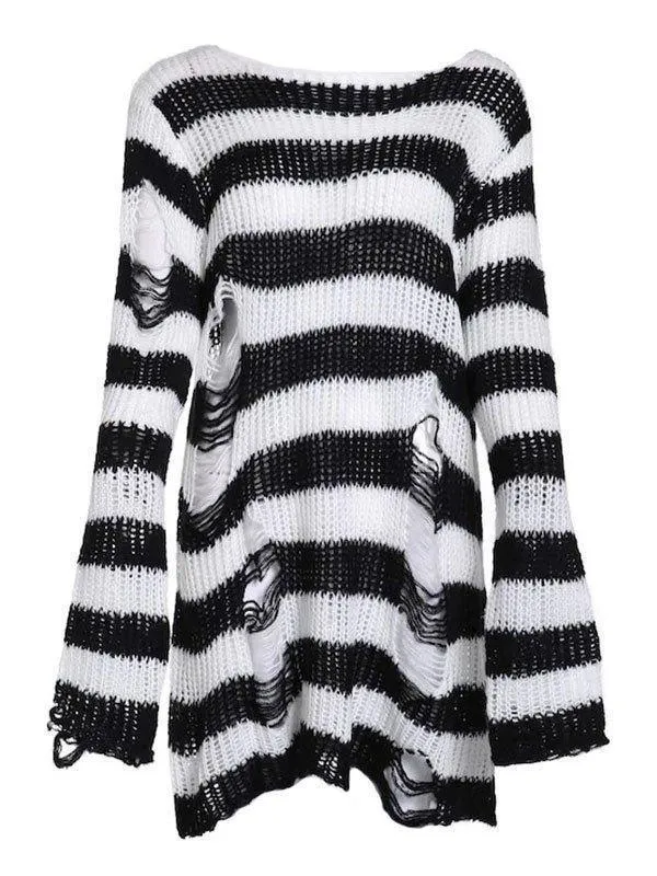 Distressed Stripe Longline Sweater