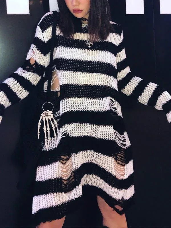 Distressed Stripe Longline Sweater