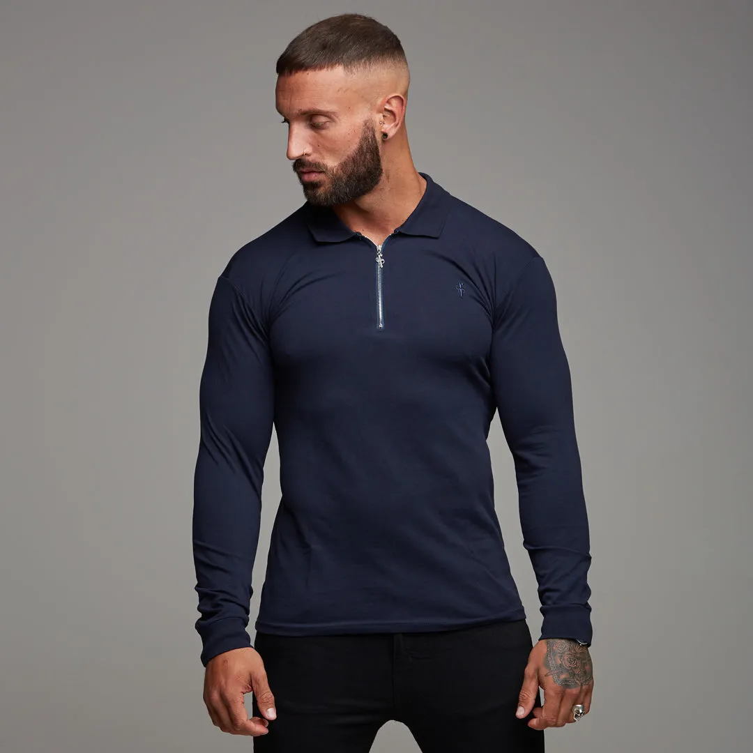 Father Sons Classic Navy Zipped Polo Long Sleeve Shirt - FSH024