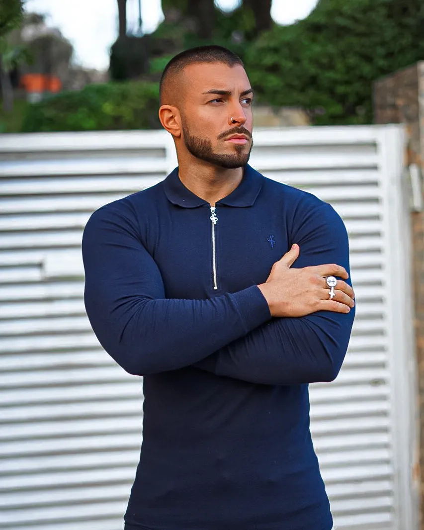 Father Sons Classic Navy Zipped Polo Long Sleeve Shirt - FSH024