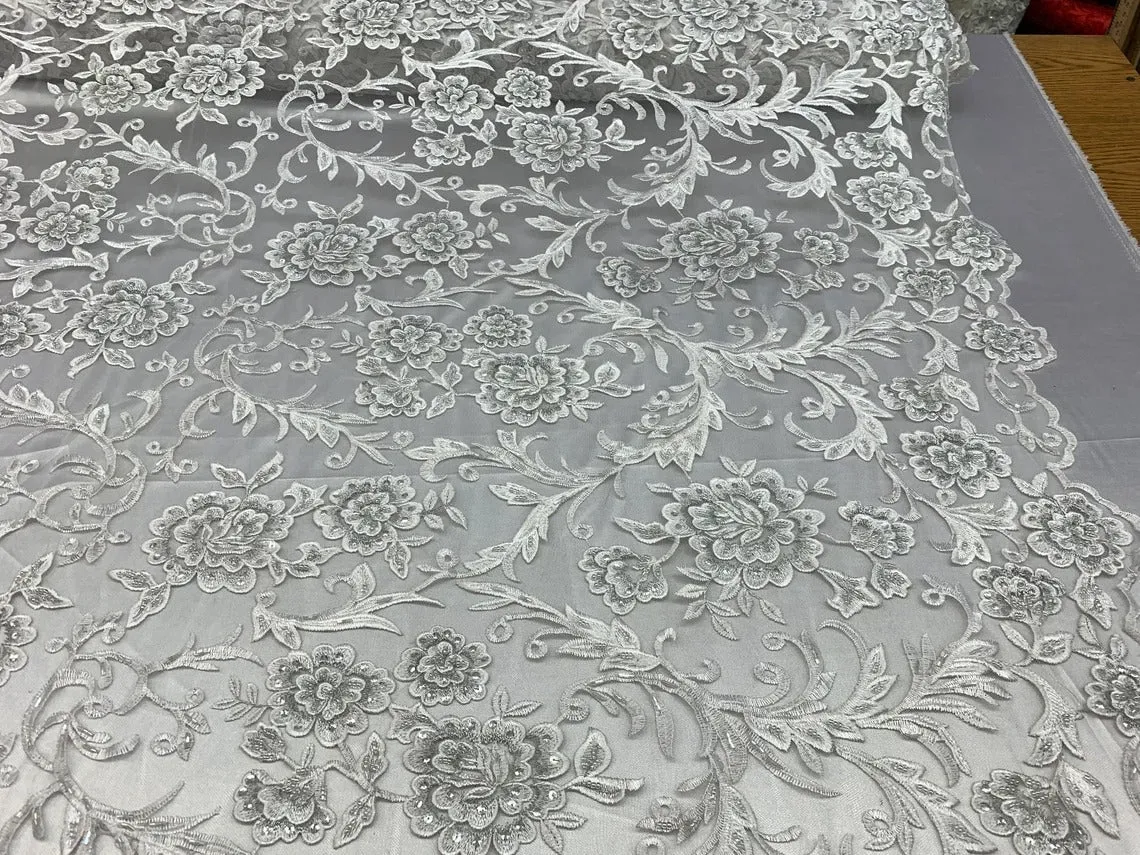 Floral White Lace Fabric | Embroidery Beaded lace