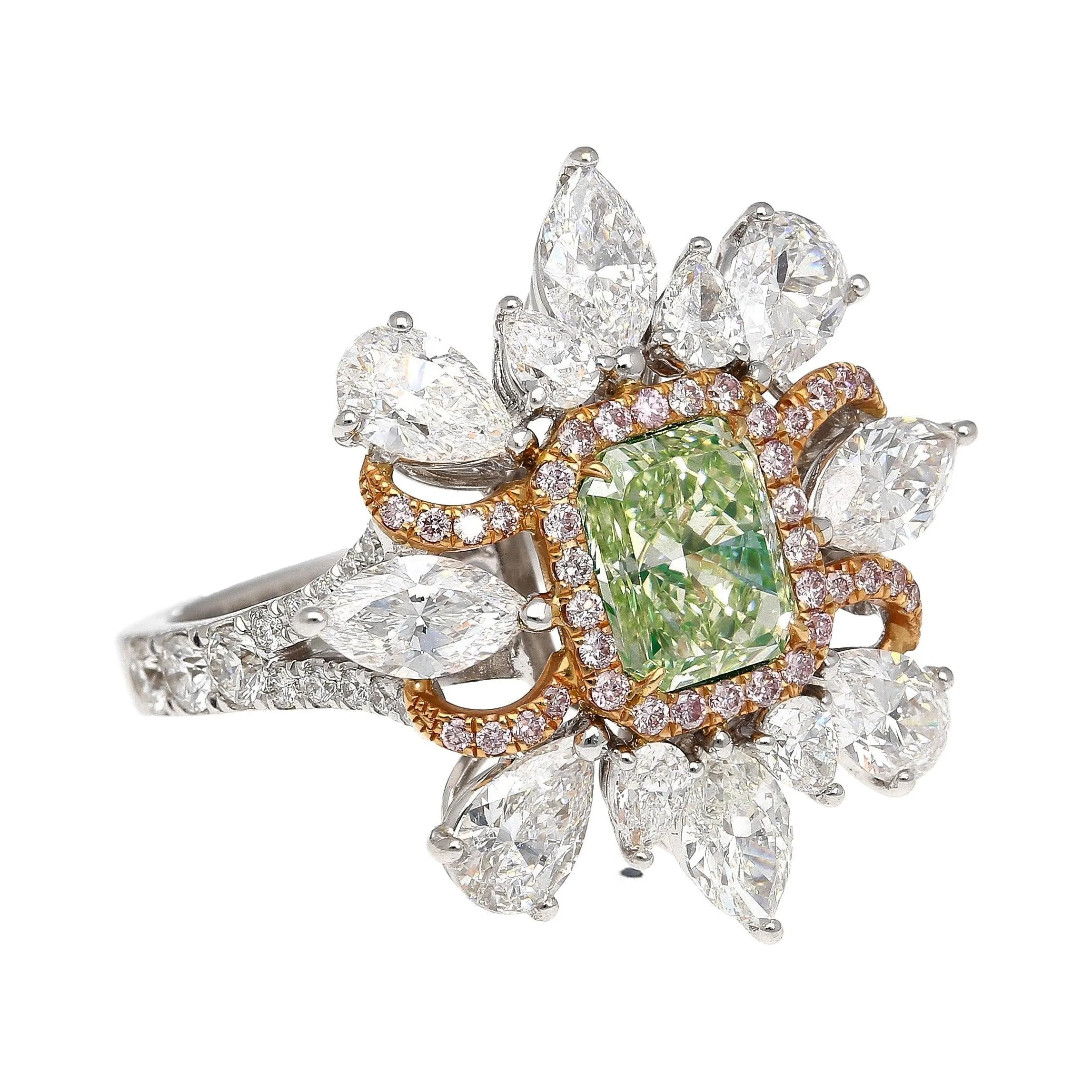 GIA Certified 1.39 Carat Radiant Cut Fancy Intense Yellowish Green Diamond Ring