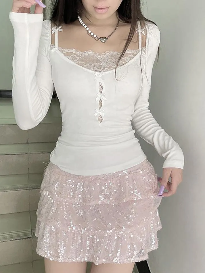 Lace Patchwork Bow Hollow Long Sleeve Knit Top