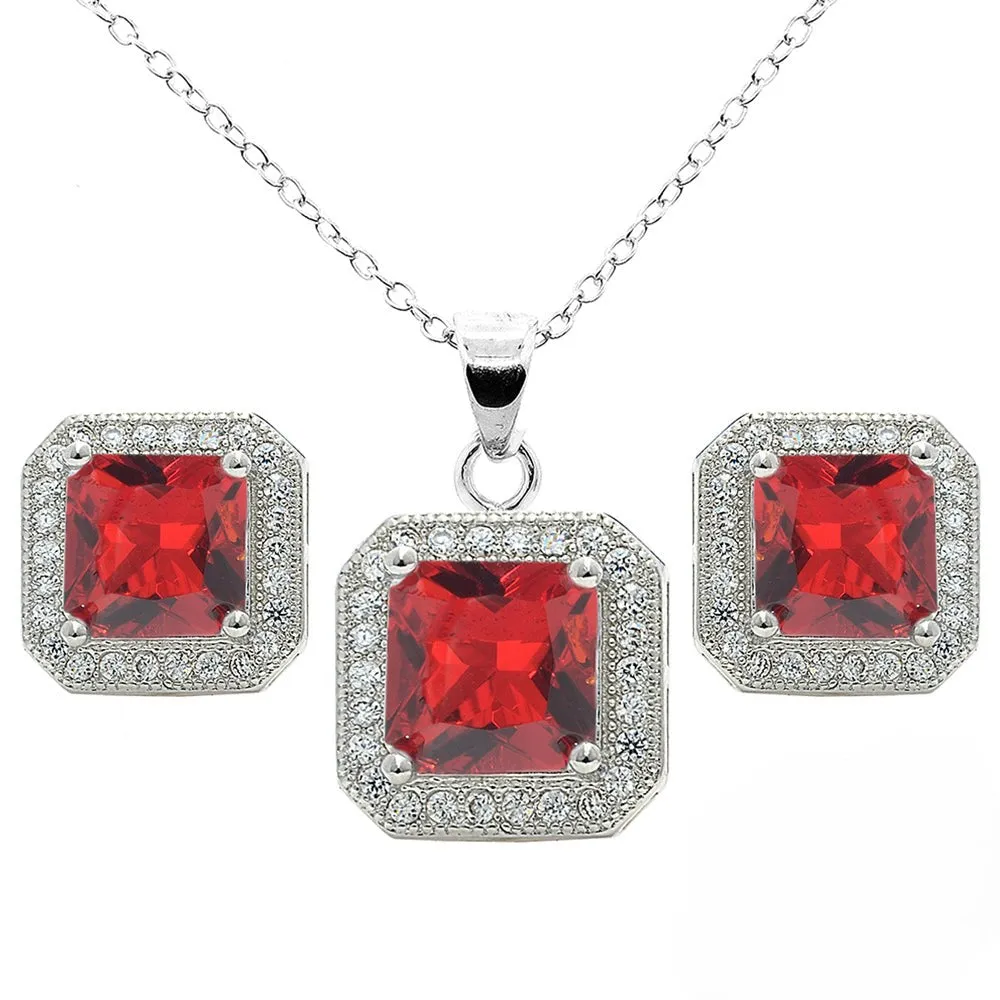 Londyn 18K White Gold Princess Cut Colored CZ Halo Necklace and Earrings Jewelry Set