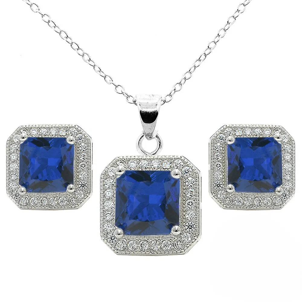 Londyn 18K White Gold Princess Cut Colored CZ Halo Necklace and Earrings Jewelry Set