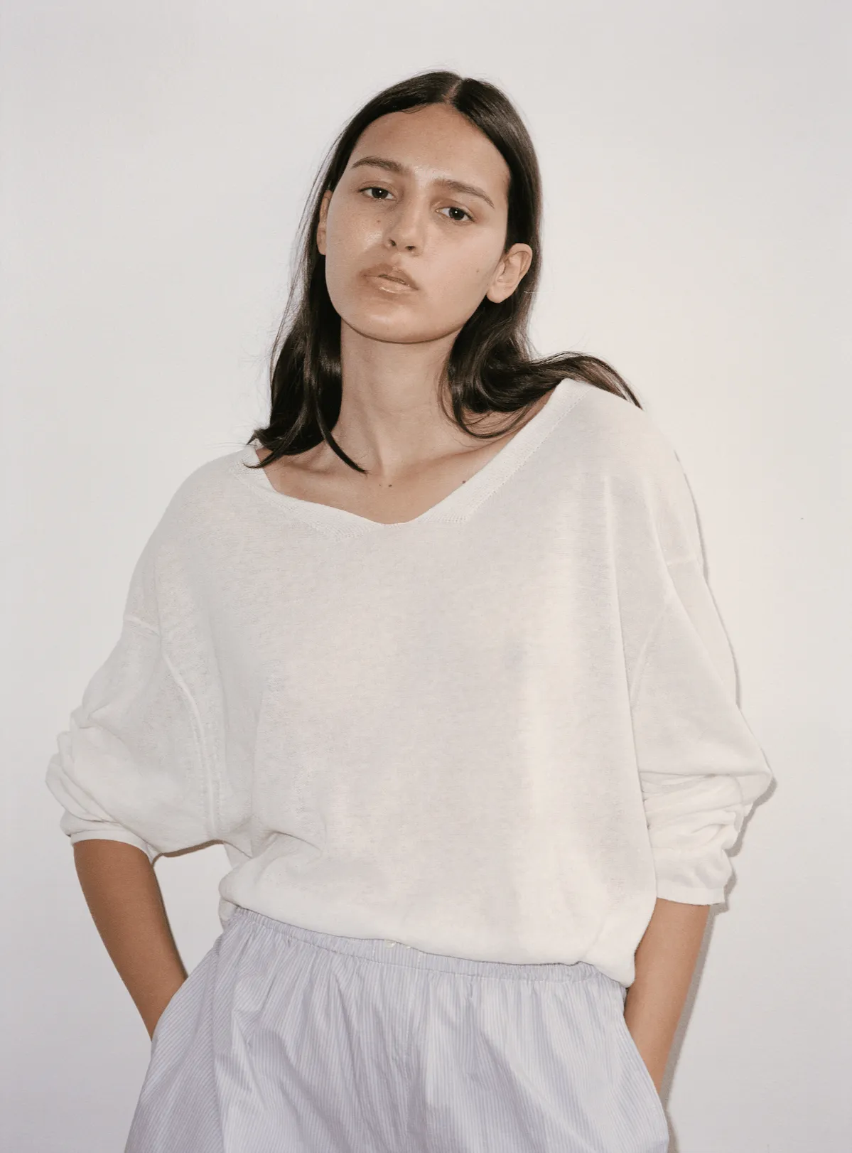 Loose Long Sleeve Knitted Top - White