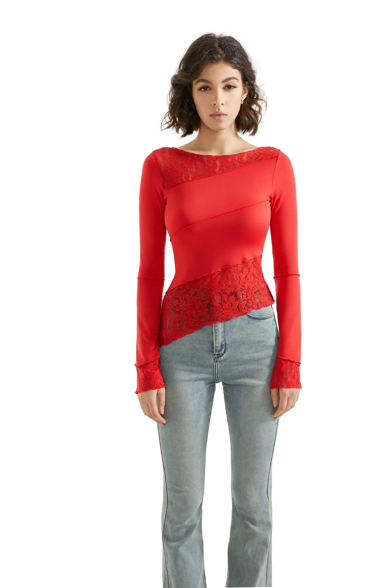 Mesh Lace Crew Neck Shirt - Long Sleeve