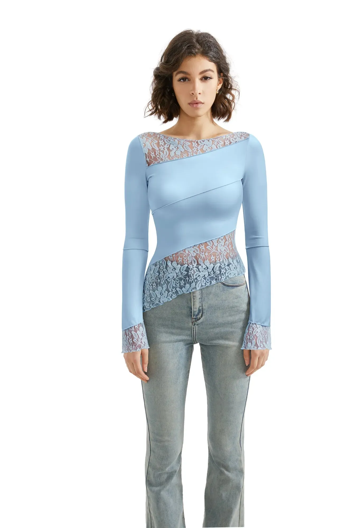 Mesh Lace Crew Neck Shirt - Long Sleeve