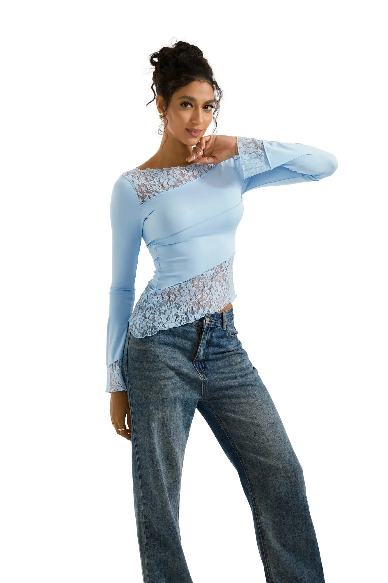 Mesh Lace Crew Neck Shirt - Long Sleeve