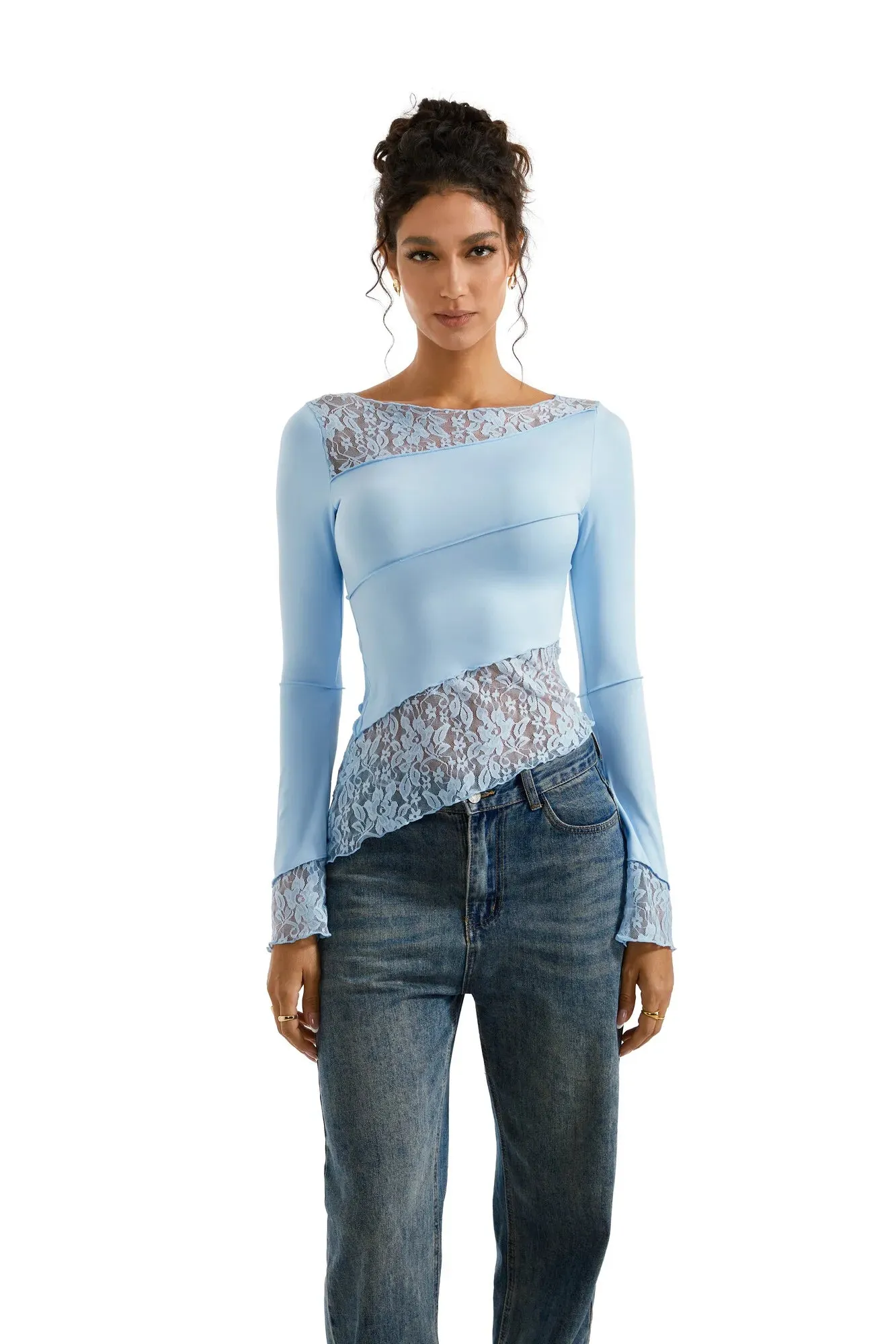 Mesh Lace Crew Neck Shirt - Long Sleeve