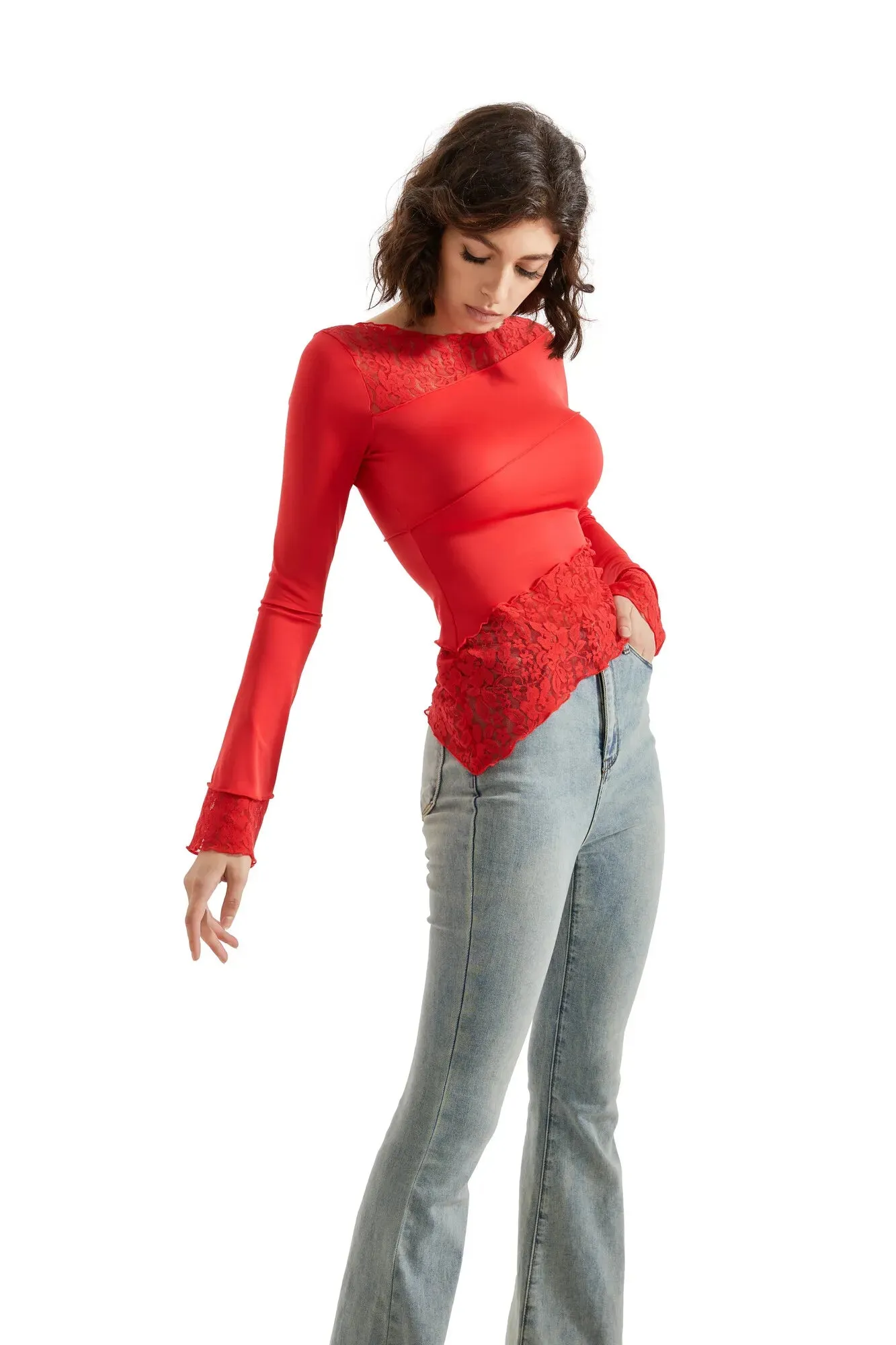 Mesh Lace Crew Neck Shirt - Long Sleeve